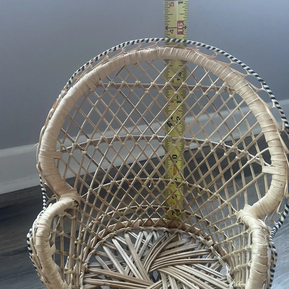 Vintage Mini Wicker Peacock Fan Back Rattan‎ Chair Plant Stand Boho Decor 16